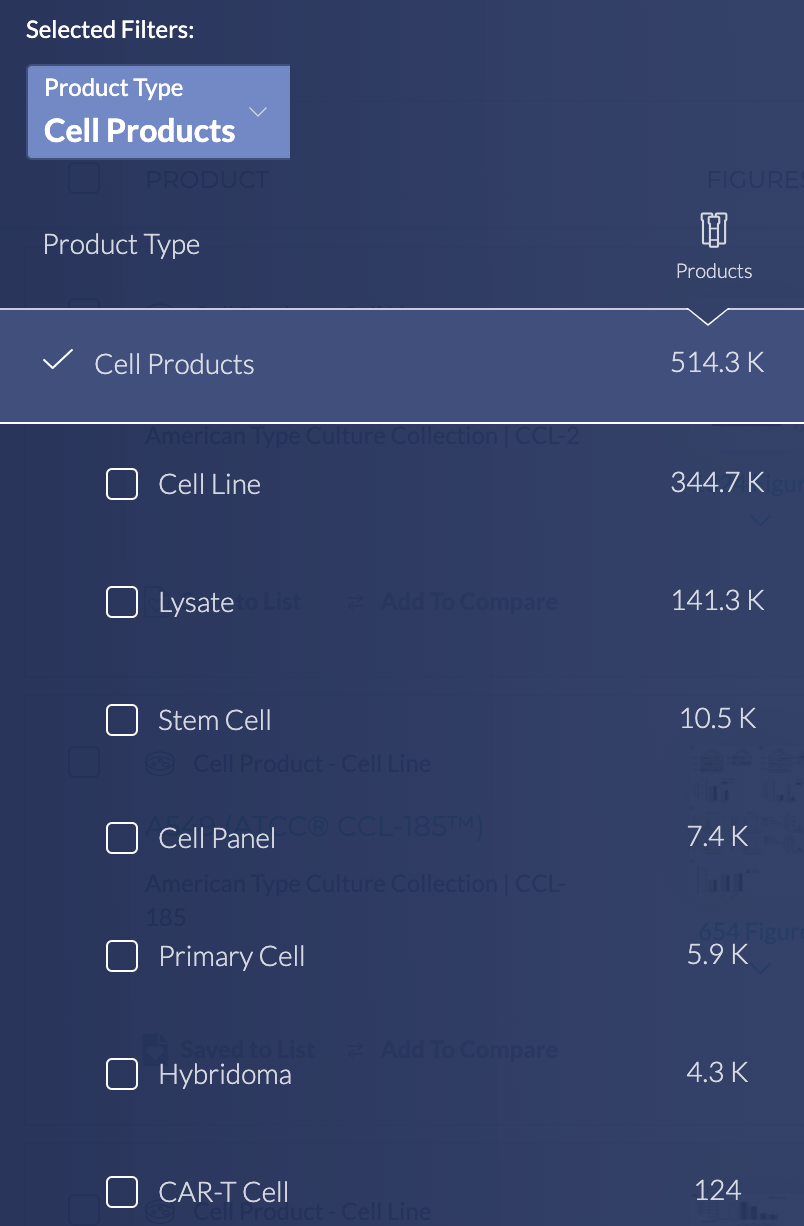 BenchSci Cell Products Filter